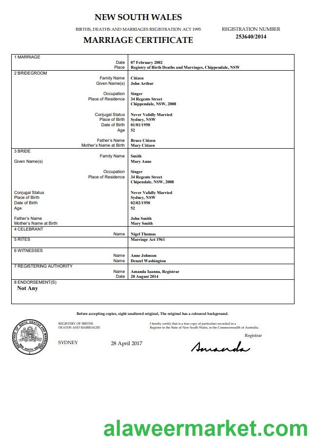 Australia New South Wales marriage certificate template in Word